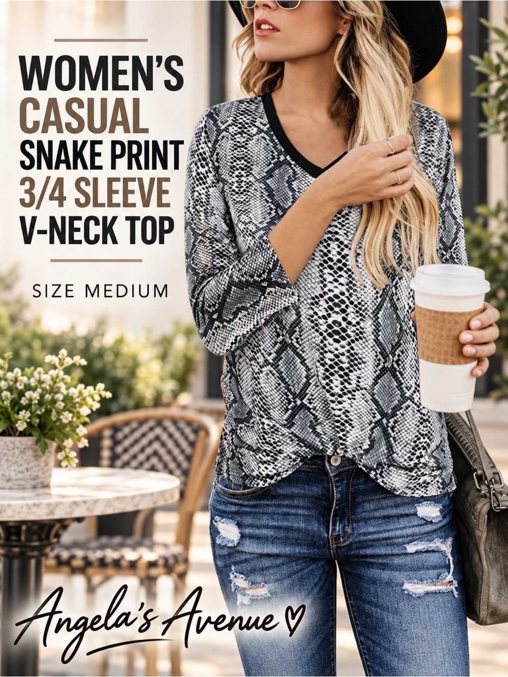 Snake Print Basic 3/4 Sleeve Soft Blouse NEW